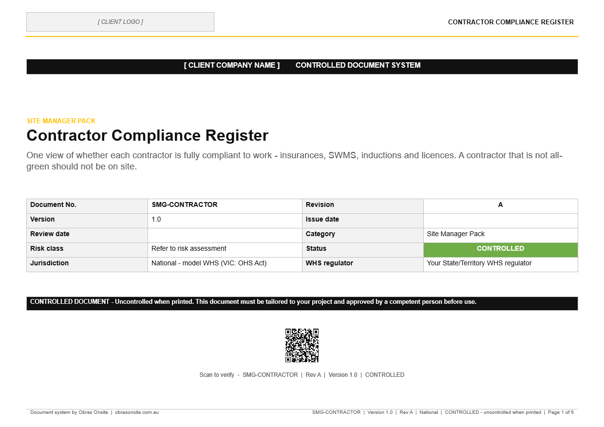 First page of SMG-CONTRACTOR Contractor Compliance Register