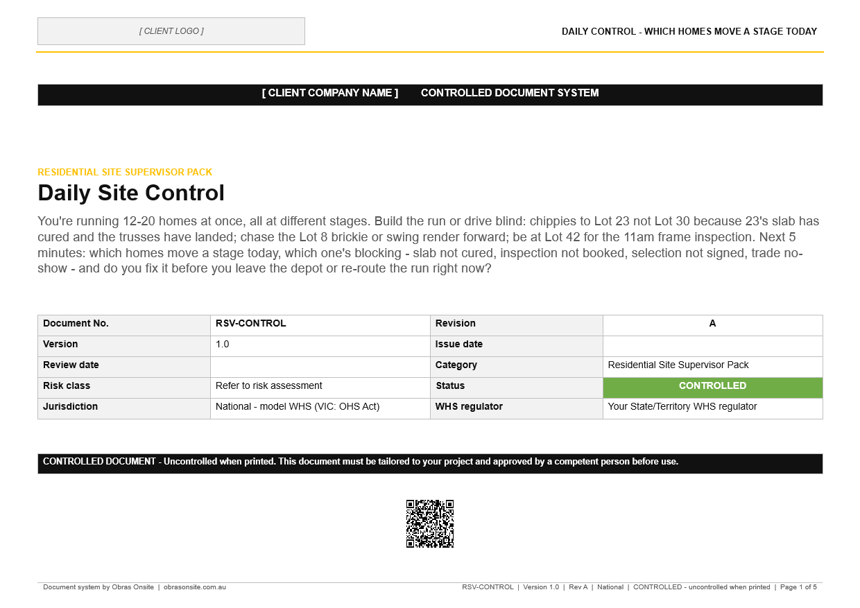 First page of Daily Site Control