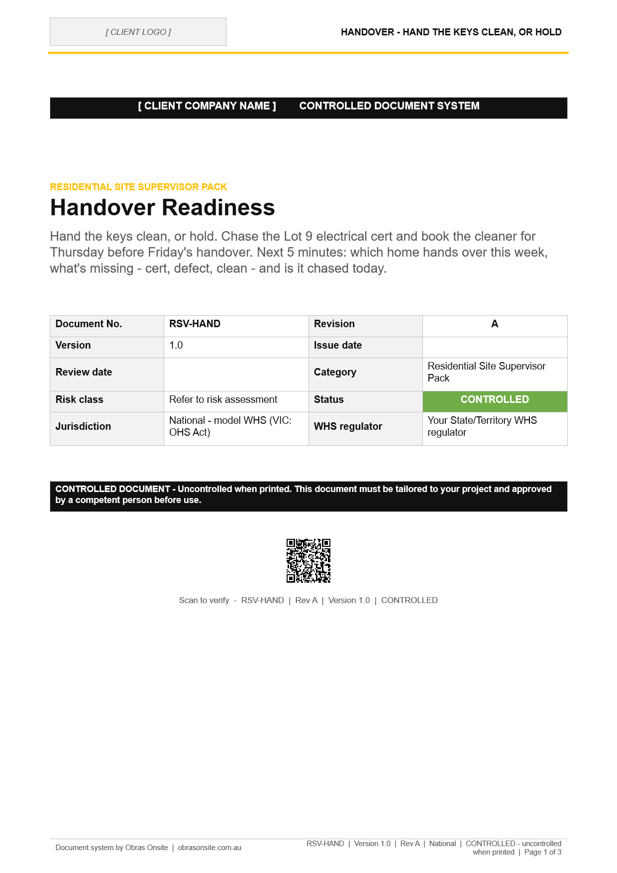 First page of Handover Readiness