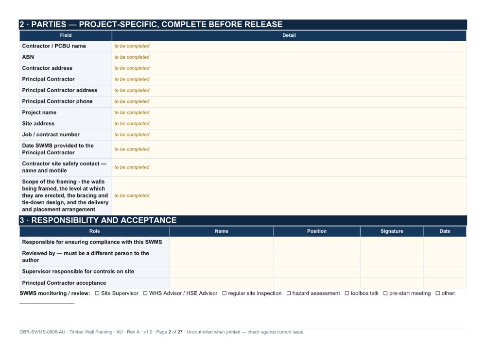 Timber Wall Framing SWMS — page 2