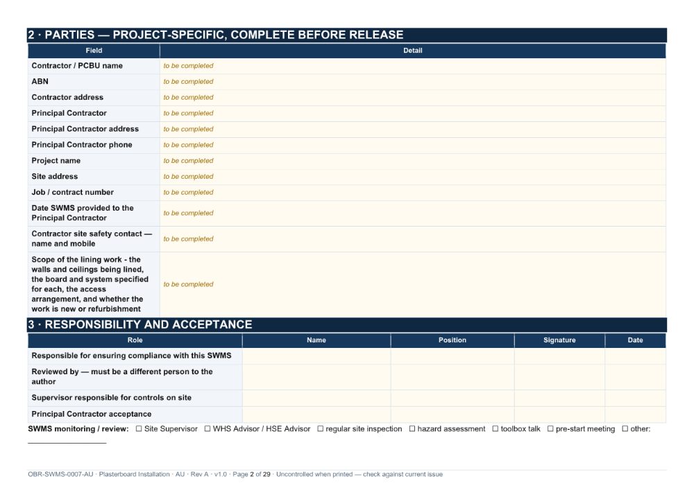 Plasterboard Installation SWMS — page 2