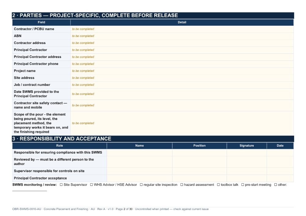 Concrete Placement and Finishing SWMS — page 2