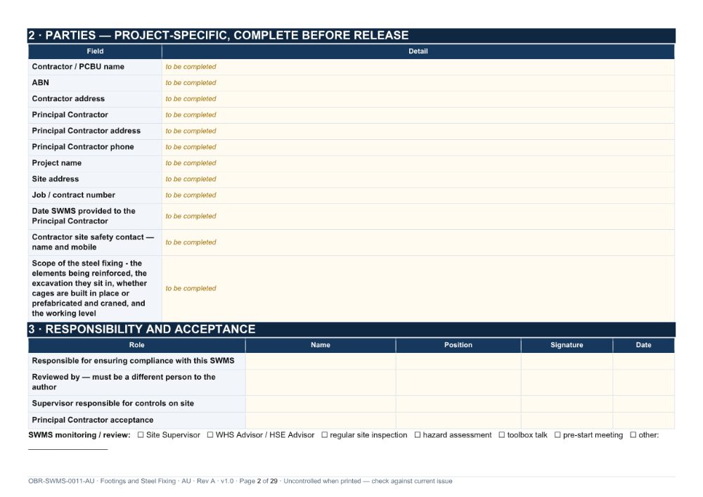 Footings and Steel Fixing SWMS — page 2