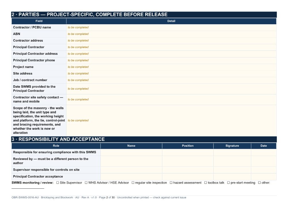 Bricklaying and Blockwork SWMS — page 2