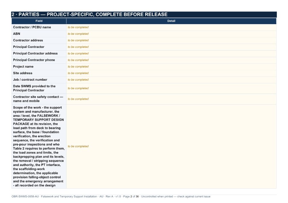 Falsework and Temporary Support Installation SWMS — page 2