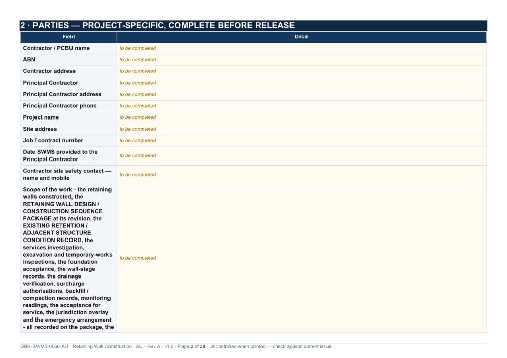 Retaining Wall Construction SWMS — page 2