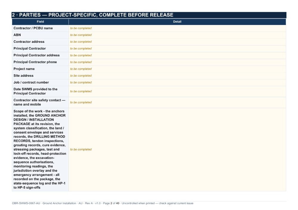 Ground Anchor Installation SWMS — page 2