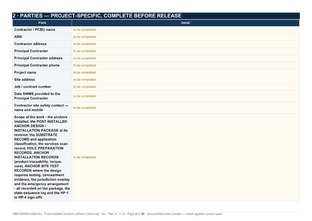 Post-Installed Anchors SWMS — page 2