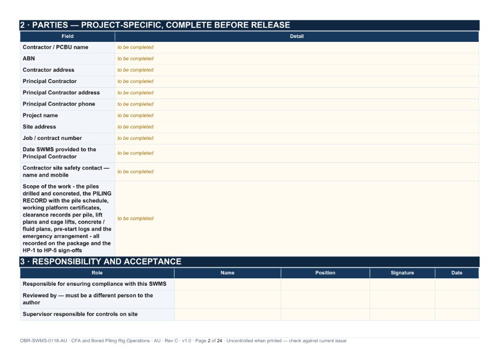 CFA and Bored Piling Rig Operations SWMS — page 2