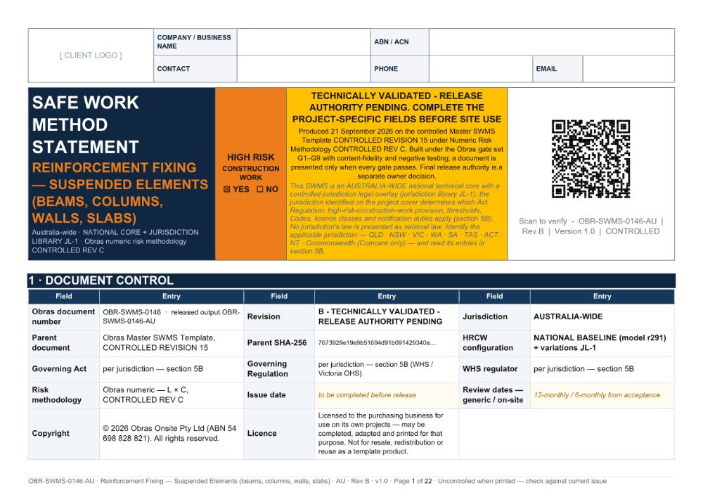 Reinforcement Fixing — Suspended Elements (beams, columns, walls, slabs) SWMS — cover page