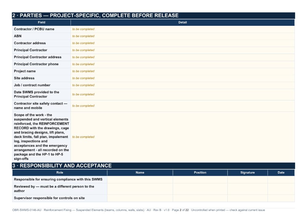 Reinforcement Fixing — Suspended Elements (beams, columns, walls, slabs) SWMS — page 2