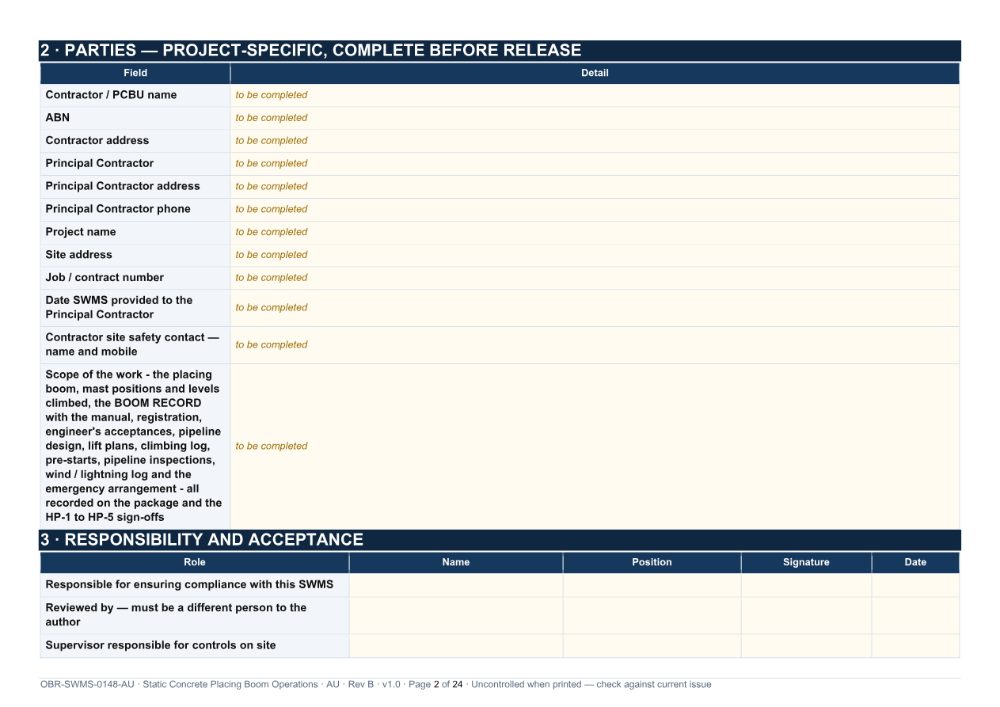 Static Concrete Placing Boom Operations SWMS — page 2