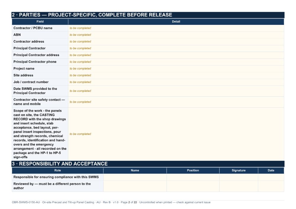 On-site Precast and Tilt-up Panel Casting SWMS — page 2