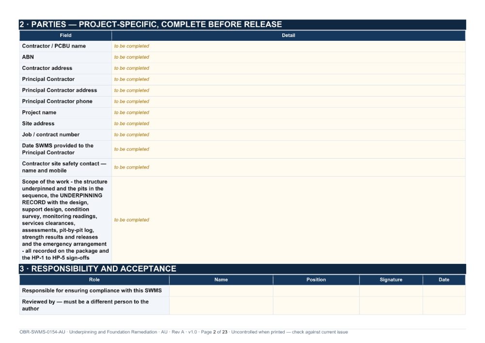 Underpinning and Foundation Remediation SWMS — page 2