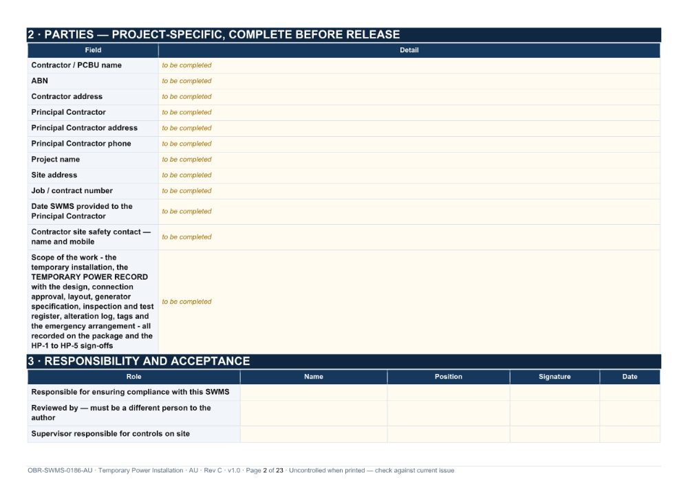 Temporary Power Installation SWMS — page 2