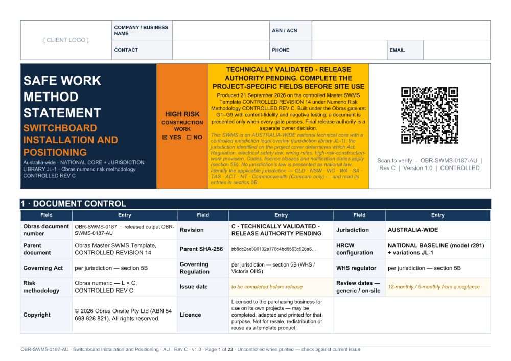 Switchboard Installation and Positioning SWMS — cover page