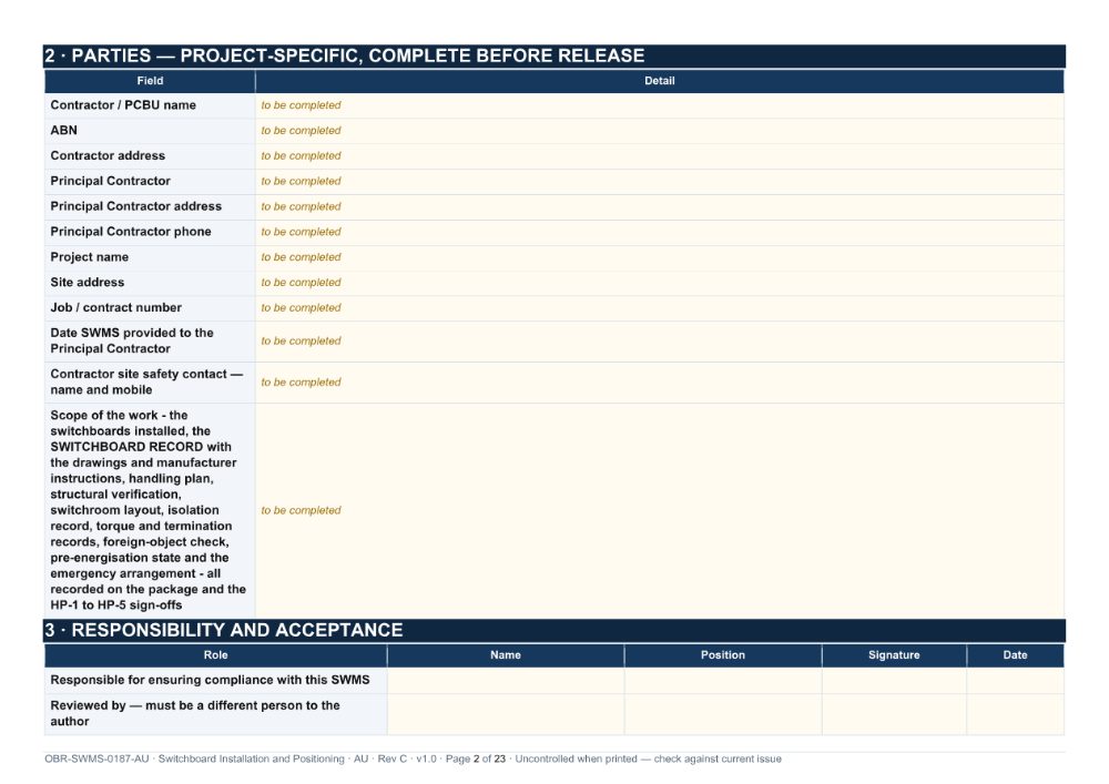 Switchboard Installation and Positioning SWMS — page 2