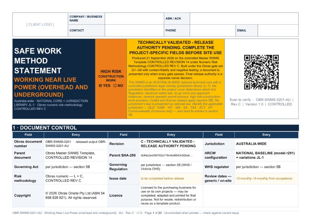 Working Near Live Power (overhead and underground) SWMS — cover page