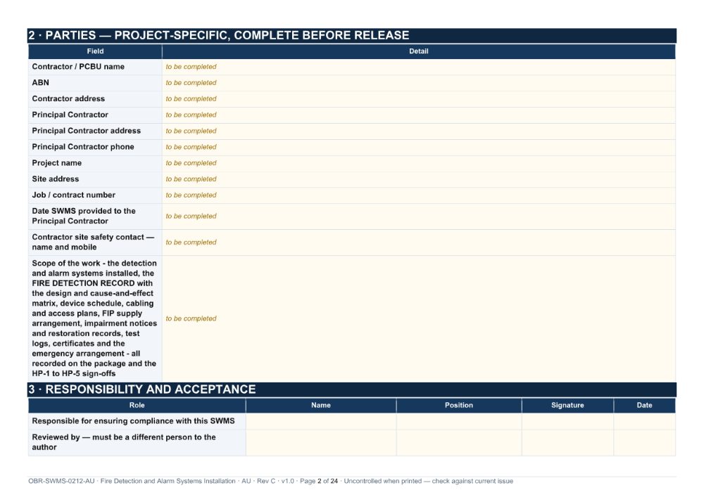 Fire Detection and Alarm Systems Installation SWMS — page 2