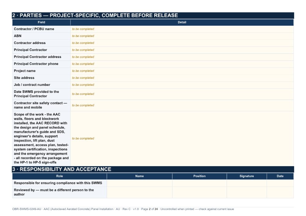 AAC (Autoclaved Aerated Concrete) Panel Installation SWMS — page 2