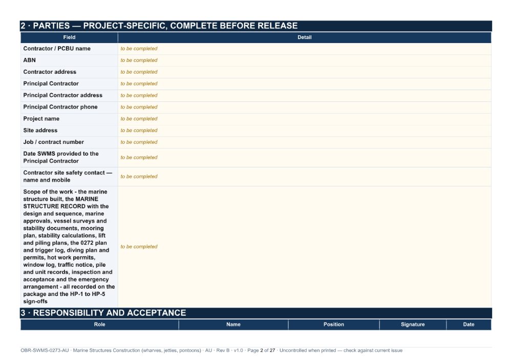 Marine Structures Construction (wharves, jetties, pontoons) SWMS — page 2