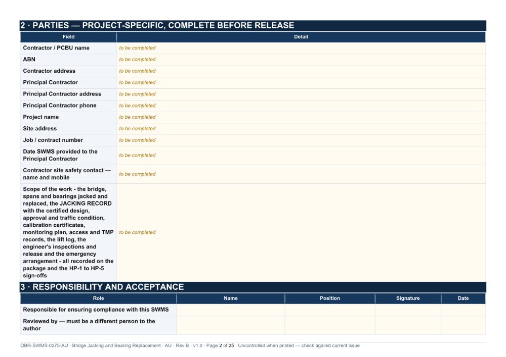 Bridge Jacking and Bearing Replacement SWMS — page 2
