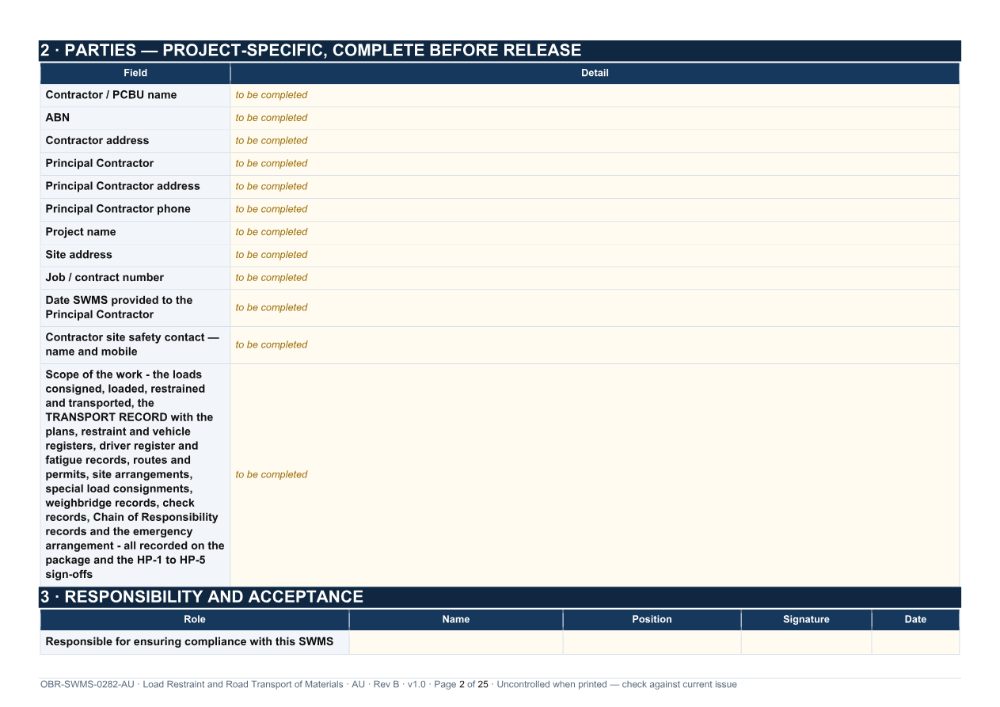 Load Restraint and Road Transport of Materials SWMS — page 2