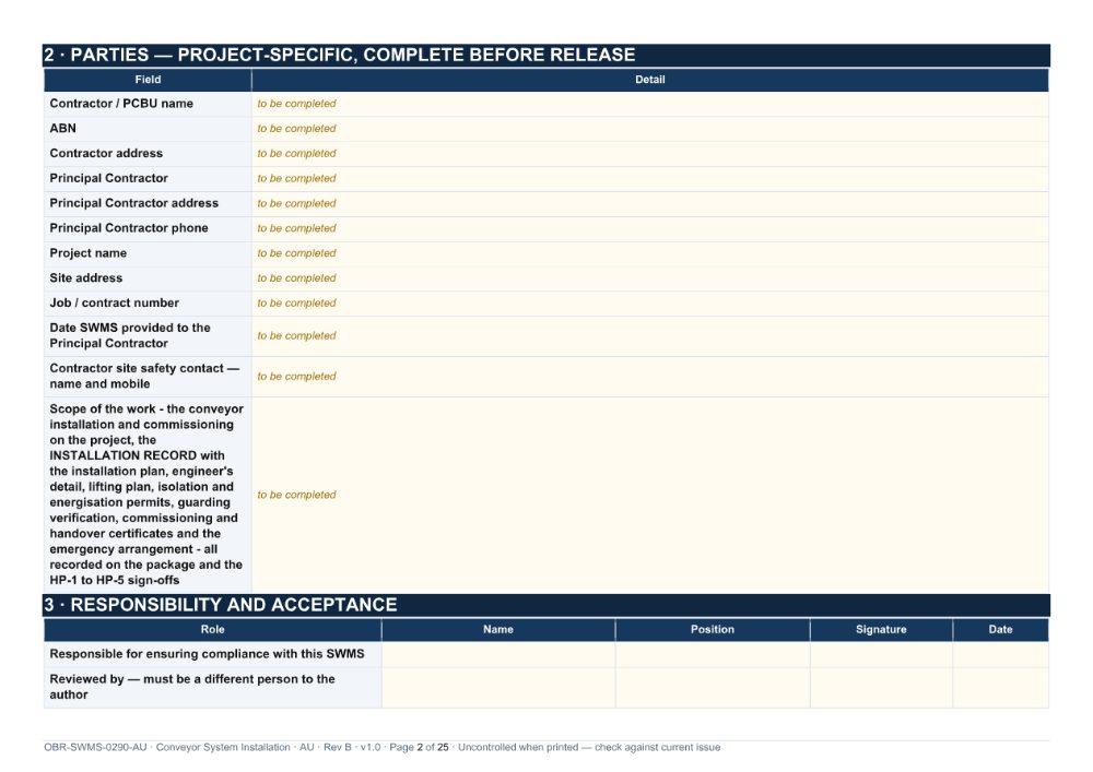 Conveyor System Installation SWMS — page 2