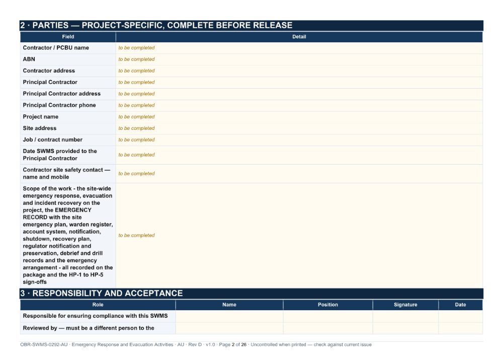 Emergency Response and Evacuation Activities SWMS — page 2